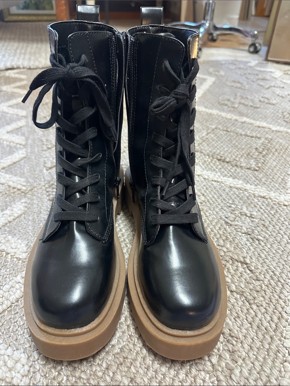 Like new H&M Women's Black Lace-Up Platform Boots with Tan Sole